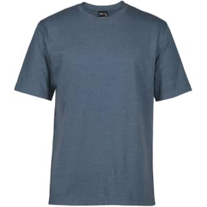 A grey T-shirt with short sleeves and a round neck, featuring a logo on the label.