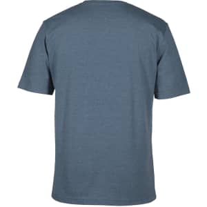 A back view of a blue T-shirt, featuring a plain design and short sleeves, with a logo on the neck area.