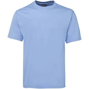 A light blue T-shirt with a round neck and short sleeves, featuring a logo on the tag.