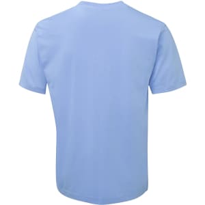 A light blue T-shirt featuring short sleeves and a plain back. It includes a logo on the label.