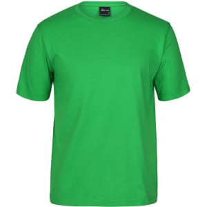 A green t-shirt with short sleeves, featuring a simple design and a logo on the label.