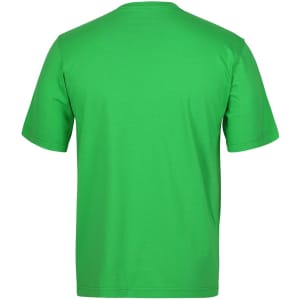 A green T-shirt featuring a plain back design and short sleeves, with a logo displayed.