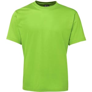A bright green t-shirt with short sleeves and a round neckline, featuring a logo on the label.