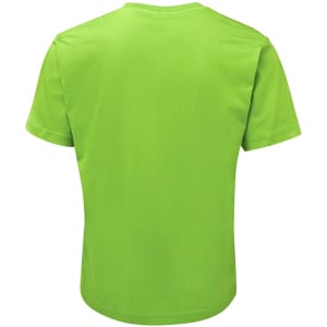 A bright green T-shirt featuring a branding logo, shown from the back view.