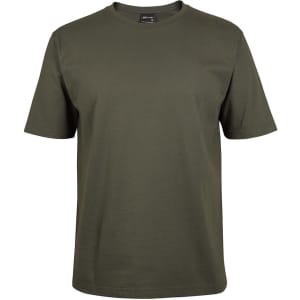An olive green T-shirt featuring short sleeves and a round neckline, with a logo on the label.