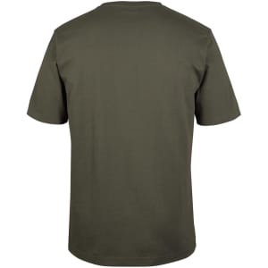 A plain olive green t-shirt with short sleeves and a round neck, featuring a logo.