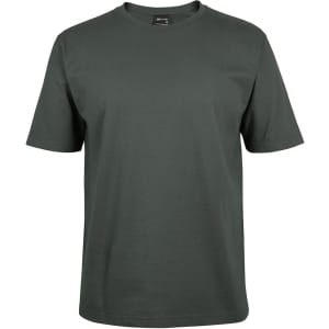 A dark green T-shirt featuring short sleeves and a crew neckline, with a branding logo on the label.