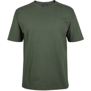 A green T-shirt with short sleeves and a round neck, featuring a logo on the label.