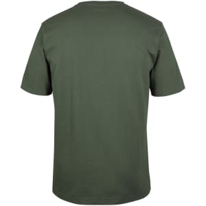 A plain green t-shirt displayed from the back, featuring a simple design and a logo.