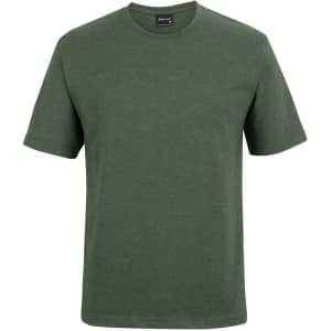 A green T-shirt featuring short sleeves and a round neckline, with a branding logo on the label.