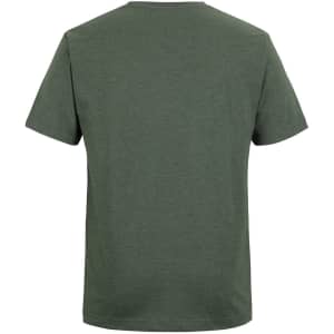 A green T-shirt with a round neck and short sleeves, featuring a logo on the back.