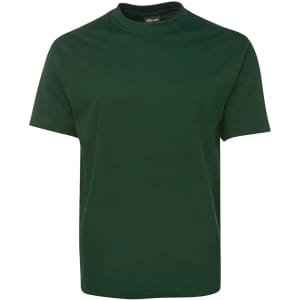 A dark green t-shirt with a round neckline and short sleeves, featuring a brand logo.