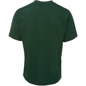 A green T-shirt with a round neckline and short sleeves, featuring a logo.