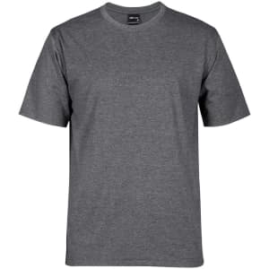 A grey T-shirt featuring short sleeves and a round neckline, with a label inside and a logo on the front.
