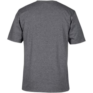 A grey T-shirt with short sleeves, featuring a plain back and a logo on the fabric.
