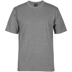 A grey T-shirt with short sleeves and a round neck, featuring a logo on the label.