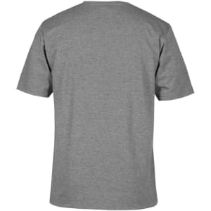 A grey t-shirt displayed from the back, featuring short sleeves and a simple design. It has a logo on the label.