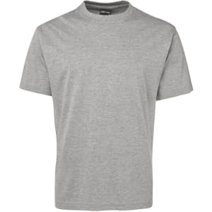 A grey T-shirt featuring a round neck and short sleeves, with a logo on the neckline.