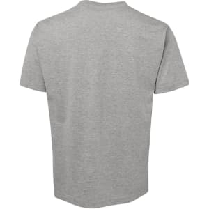 A grey T-shirt with a plain back, featuring a logo or branding.