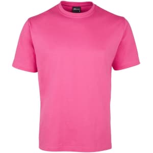 A pink t-shirt with a classic crew neck and short sleeves. It features a logo on the tag.