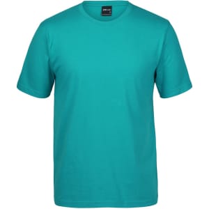 A teal T-shirt with a round neck and short sleeves, featuring a label inside the collar.