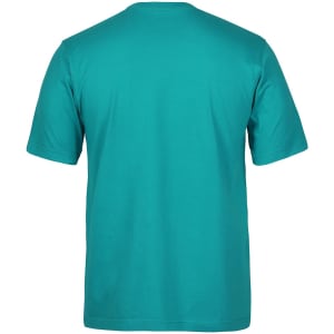 A plain teal t-shirt with a round neck and short sleeves, featuring a logo on the back.