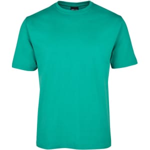 A green T-shirt with short sleeves and a classic crew neck, featuring a logo on the collar.