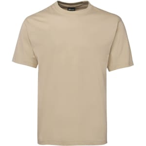 A beige T-shirt with a round neckline and short sleeves, featuring a branded label.