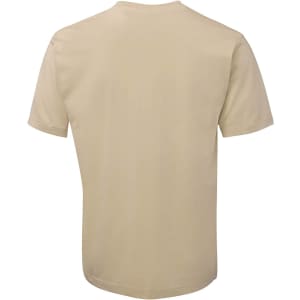 A beige T-shirt with short sleeves and a plain back, featuring a small logo.