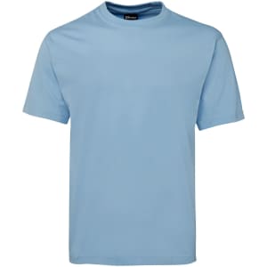 A light blue T-shirt with short sleeves and a crew neck, featuring a logo on the label.