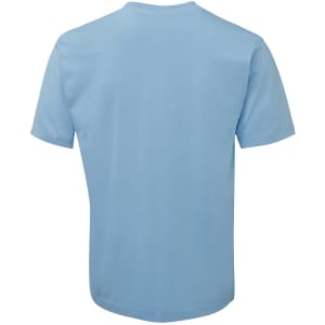 A light blue T-shirt with short sleeves and a plain back. The shirt features a logo.