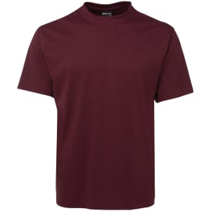 A maroon T-shirt featuring a classic crew neck design and short sleeves, with a logo on the label.