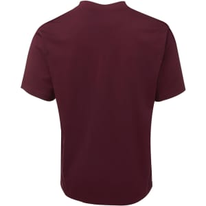 A maroon T-shirt featuring a plain back and a logo. It is made from soft fabric suitable for casual wear.