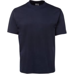 A navy blue T-shirt with a round neckline and short sleeves, featuring a branding logo.