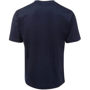 A navy blue t-shirt featuring a simple design and a logo. The shirt has short sleeves and a crew neckline.