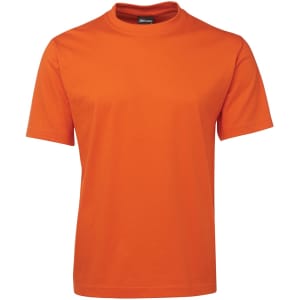 An orange t-shirt with a crew neck and short sleeves, featuring a logo on the label.