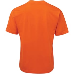 An orange T-shirt with short sleeves, featuring a plain back design and a logo on the label.
