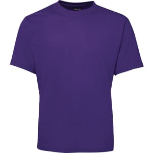 A purple t-shirt featuring a simple design and a logo on the neckline.