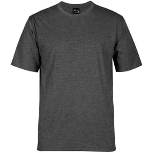 A grey t-shirt featuring a classic crew neck design and short sleeves, with a logo on the inside label.