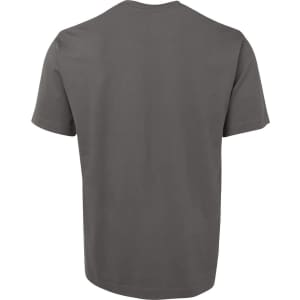 A grey unisex T-shirt with a plain back and short sleeves, featuring a logo on the back.