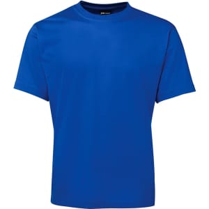 A blue t-shirt with a round neckline and short sleeves, featuring a logo on the label.