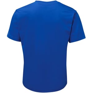 A blue T-shirt featuring a plain back and a logo on the neckline.