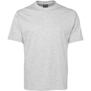 A light grey T-shirt with a round neckline and short sleeves. It features a logo on the collar.