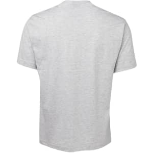 A plain grey T-shirt with a round neckline and short sleeves, featuring a logo on the back.