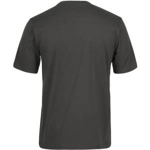A dark green T-shirt showing the back view, featuring short sleeves and a plain design with a logo.