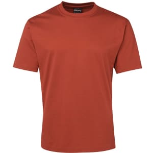 A plain rust-coloured t-shirt with short sleeves and a round neckline, featuring a label inside.
