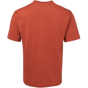 A short-sleeved T-shirt in a rust orange colour, featuring a plain back and a branding label.