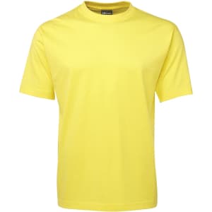 A yellow T-shirt with a crew neck and short sleeves, featuring a logo on the neckline.