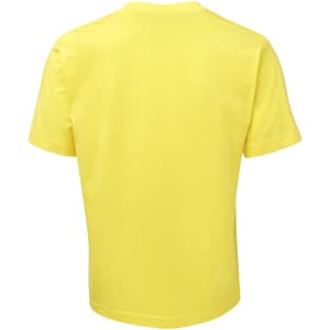 A yellow T-shirt with a plain back and short sleeves, featuring a logo.