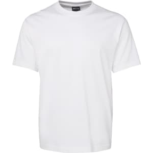 A plain white T-shirt featuring a crew neck and short sleeves, with a logo on the label.
